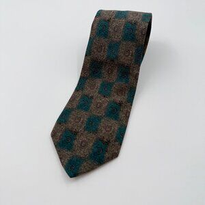 Zan Zara Men's Vintage Geometric Print Brown & Teal Italian 100% Silk Neck Tie
